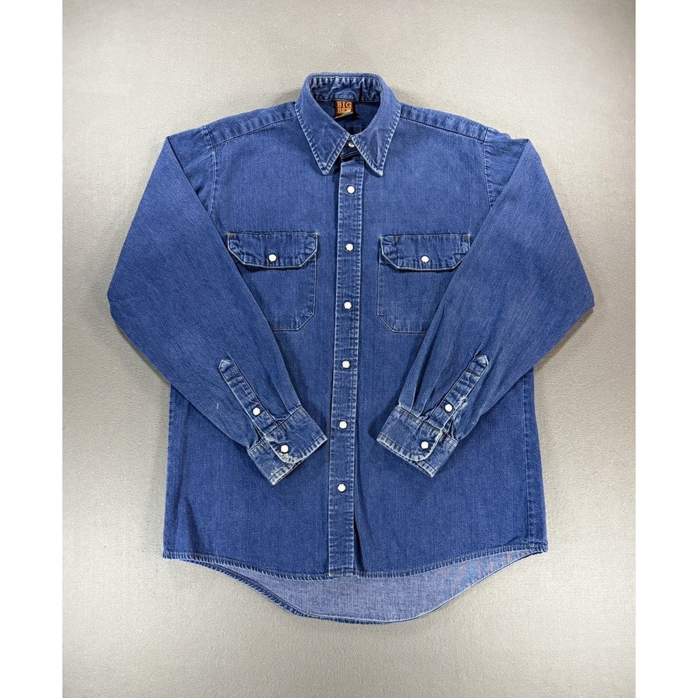 Big Ben Blue Denim Long Sleeve Pearl Snap Button Shirt Men Size M Western VTG